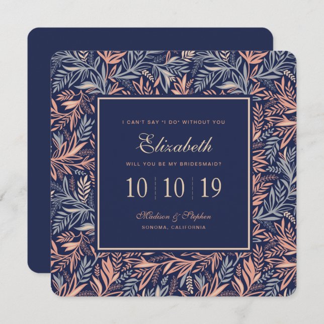 Navy & Pink Floral & Plant Pattern - Bridesmaid Invitation (Front/Back)