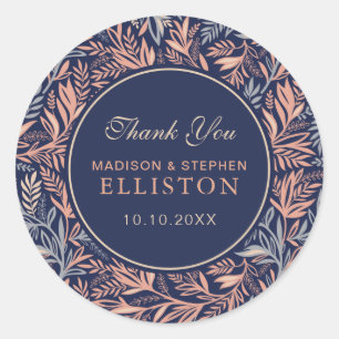 Navy & Pink Floral & Plant Pattern   Thank You Classic Round Sticker