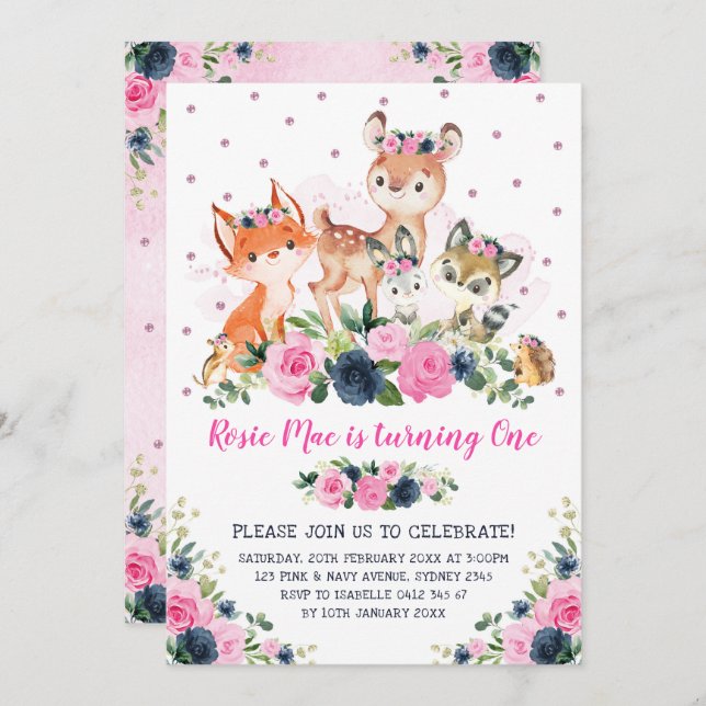 Navy Pink Floral Woodland Forest Animals Birthday Invitation (Front/Back)