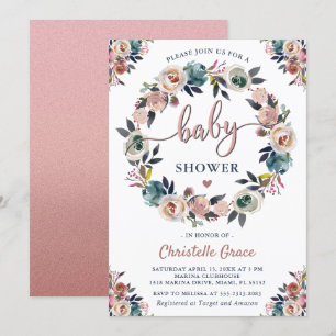 Navy Pink Floral Wreath Gender Neutral Baby Shower Invitation