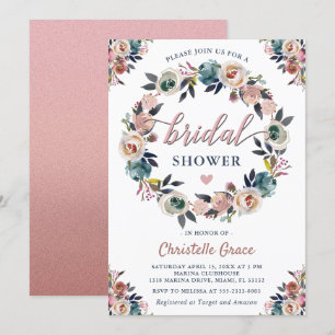 Navy Pink Floral Wreath Rose Gold Bridal Shower Invitation