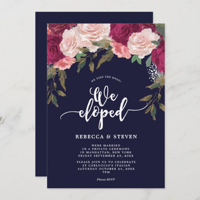 navy pink florals modern we eloped invitation (Front/Back)