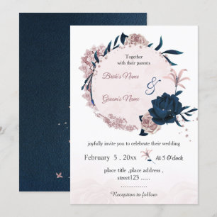 navy & pink flowers botanical wreath wedding invitation