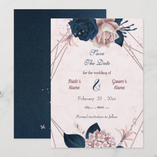 Navy & pink flowers geometric save the date