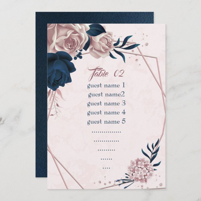 navy & pink flowers geometric seating chart card (Front/Back)