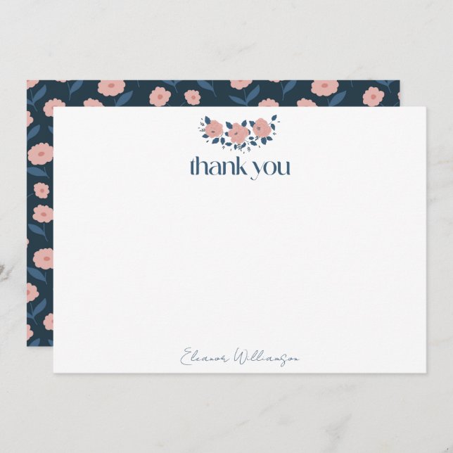 Navy Pink Garden Flower Custom Bridal Shower Thank You Card (Front/Back)