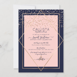 Navy Pink Gold Confetti Border Sweet 16 Invitation