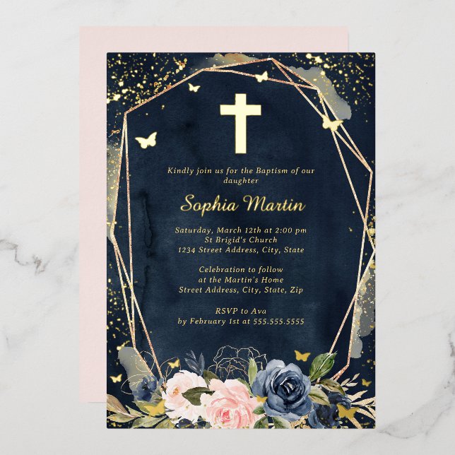 Navy Pink Gold Cross Floral Girl Baptism  (Front/Back)