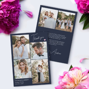 Navy Pink Heart Wedding Photos Thank You Note Card