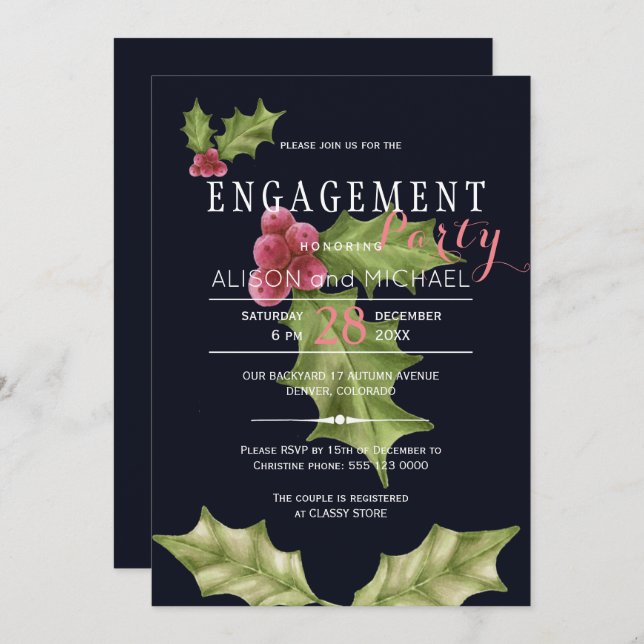 Navy pink holly berry winter engagement party invitation (Front/Back)