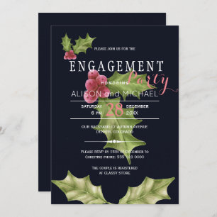 Navy pink holly berry winter engagement party invitation