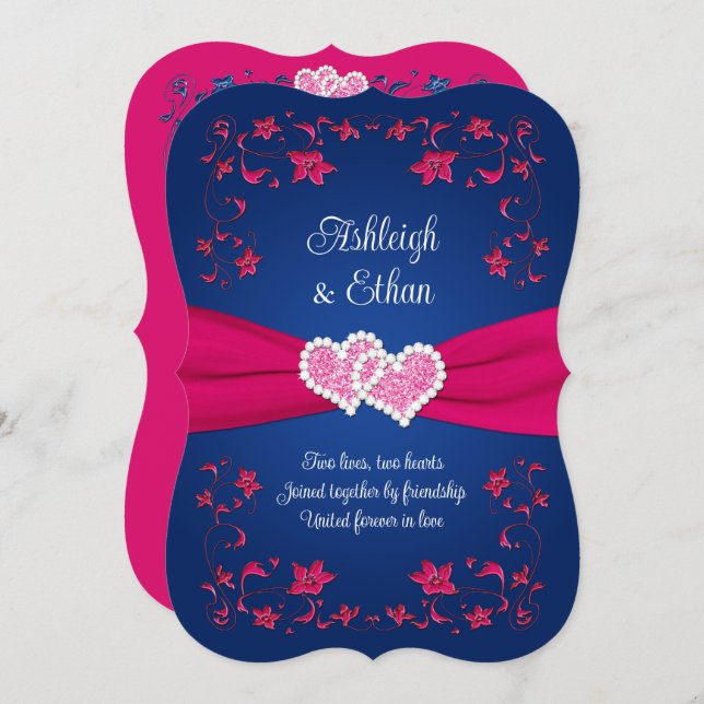 Navy, Pink Love Hearts Wedding Invitation (Front/Back)