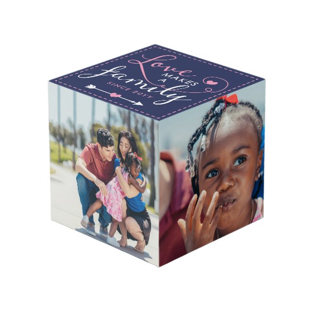 Navy Pink Love Makes A Family 4 Photos Cube (Front Angled)