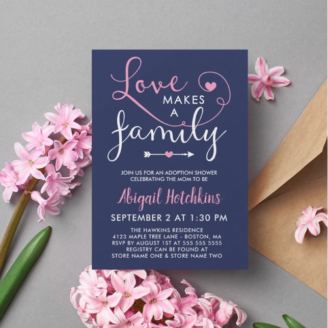 Navy Pink Love Makes A Family Adoption Shower Invitation (Creator Uploaded)