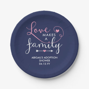 Navy & Pink Love Makes A Family Adoption Shower Paper Plate