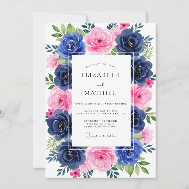 Navy Pink Lush Summer Wedding Invitation (Front)