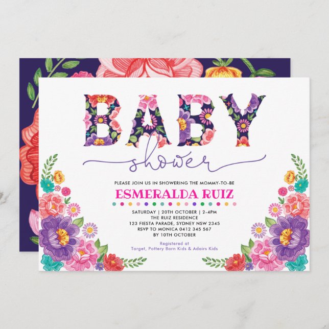 Navy Pink Mexican Fiesta Flower Baby Shower Invitation (Front/Back)