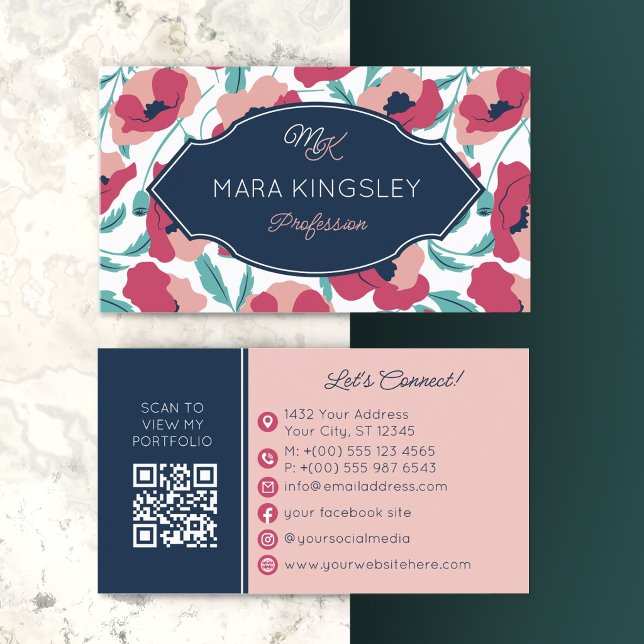 Navy Pink Modern Poppy Pattern Monogram Business Card (Creator Uploaded)