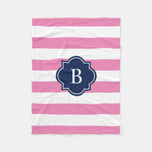 Navy & Pink Monogram Stripe   Fleece Blanket
