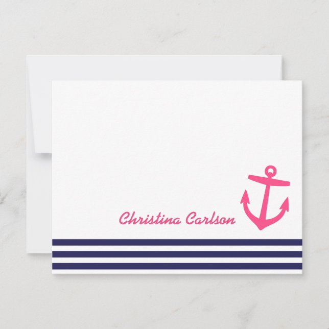 Navy & Pink Nautical Stripes & Anchor Stationery Card (Front)