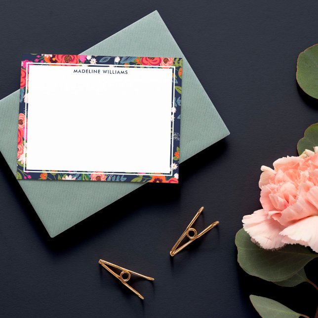 Navy Pink Orange Boho Floral Border With Name Card (Creator Uploaded)