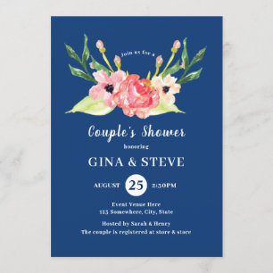 Navy Pink Orange Watercolor Floral Couple's Shower Invitation