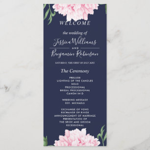 Navy Pink Peony Watercolor Wedding Program