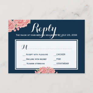 Navy pink peony wedding response meal choice RSVP