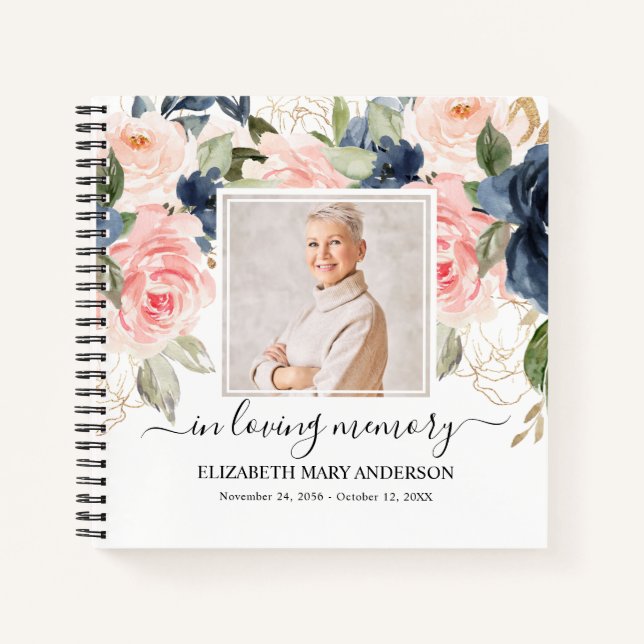 Navy Pink Photo Funeral Watercolor Guest Book (Front)