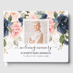 Navy Pink Photo Sympathy Funeral Watercolor Guest Book