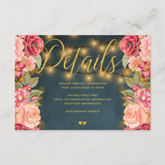 Navy pink romantic roses wedding guest details enclosure card (Front)