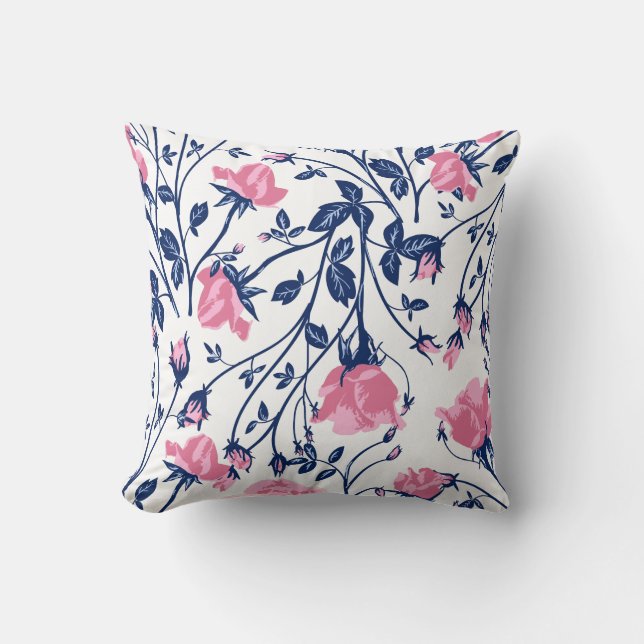 Navy & Pink Rose Floral Flower Print Cushion (Front)
