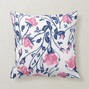 Navy & Pink Rose Floral Flower Print Cushion