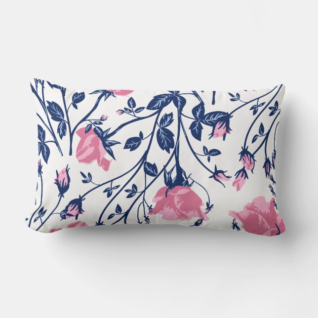 Navy & Pink Rose Floral Flower Print Lumbar Cushion (Front)