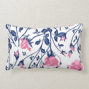 Navy & Pink Rose Floral Flower Print Lumbar Cushion