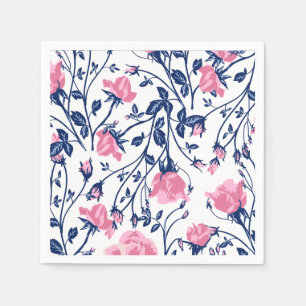 Navy & Pink Rose Floral Flower Print Napkin