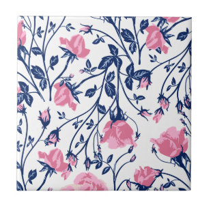 Navy & Pink Rose Floral Flower Print Tile