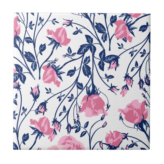 Navy & Pink Rose Floral Flower Print Tile (Front)