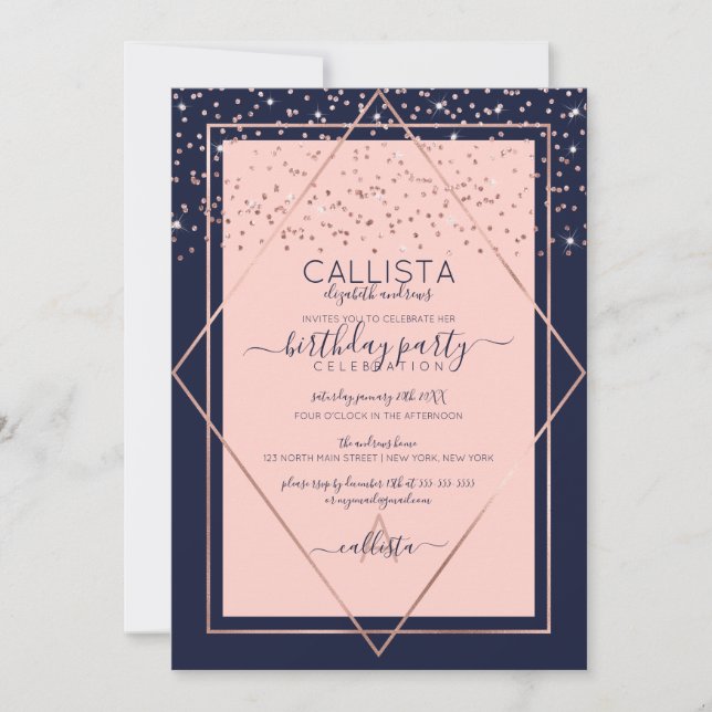 Navy Pink Rose Gold Confetti Border Birthday Invitation (Front)