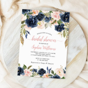 Navy & Pink Roses Floral Bridal Shower Invitation