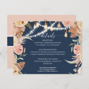 Navy Pink Roses Floral Edison Lights Details Invitation