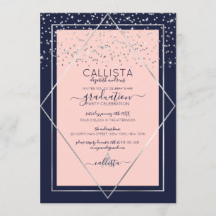 Navy Pink Silver Confetti Border Graduation Invitation