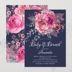 Navy Pink & Silver Floral Baby Brunch Shower Invitation
