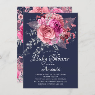 Navy Pink & Silver Floral Baby Shower Invitation