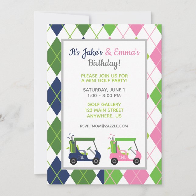 Navy & Pink Split Argyle Golf Party Invitations (Front)