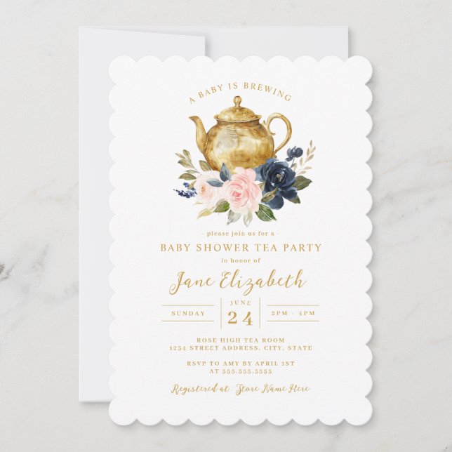 Navy Pink Tea Party A Baby is Brewing Baby Shower  Invitation (Front)