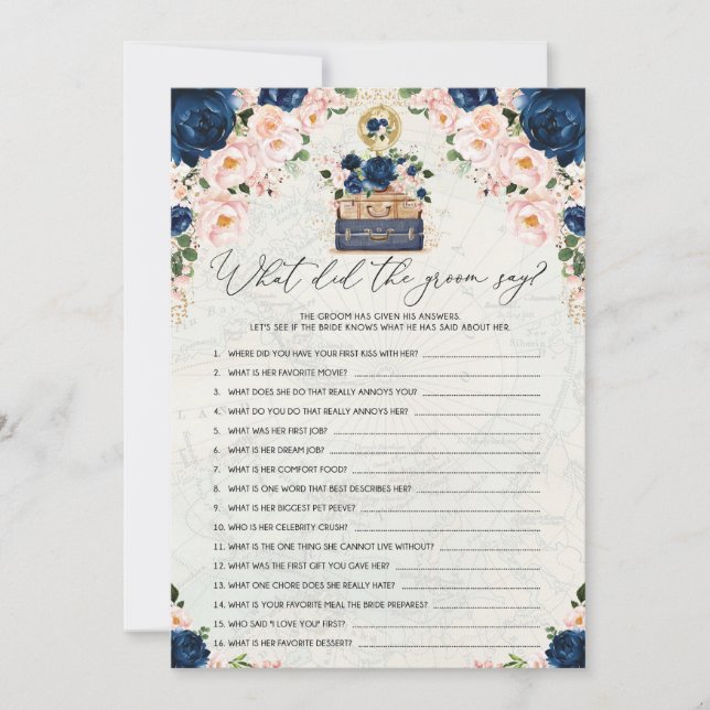 Navy Pink Travel Groom Bridal Shower Game Card (Front)
