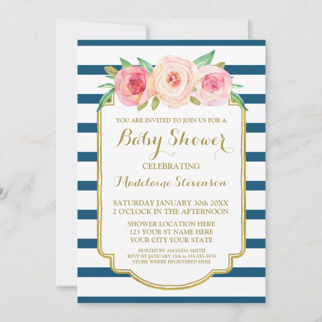 Navy Pink Watercolor Floral Stripes Baby Shower Invitation (Back)