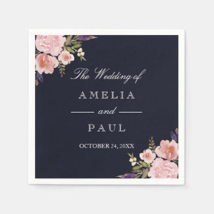 Navy Pink Watercolor Peonies Wedding Napkin