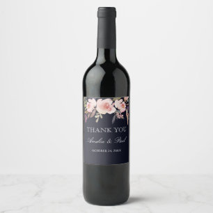 Navy Pink Watercolor Peonies Wedding Wine Label